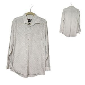 J. Ferrar Mens Long Sleeve Button Up Polka Dots White/Brown Shirt Size L-16-16.5